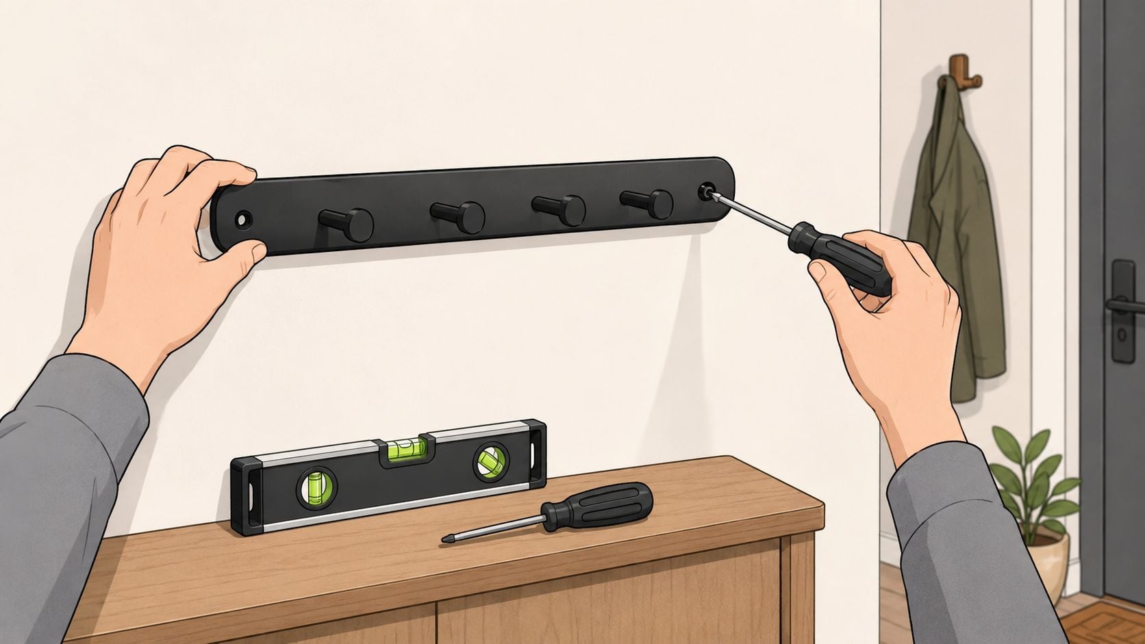 A person installing a black wall-mounted coat rack with a screwdriver while using a level for accuracy.