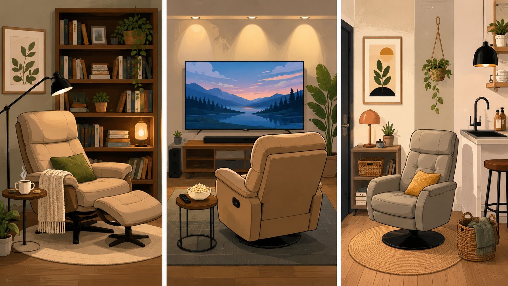 A collage showing three different cozy living room settings featuring a comfortable ergonomic recliner chair.