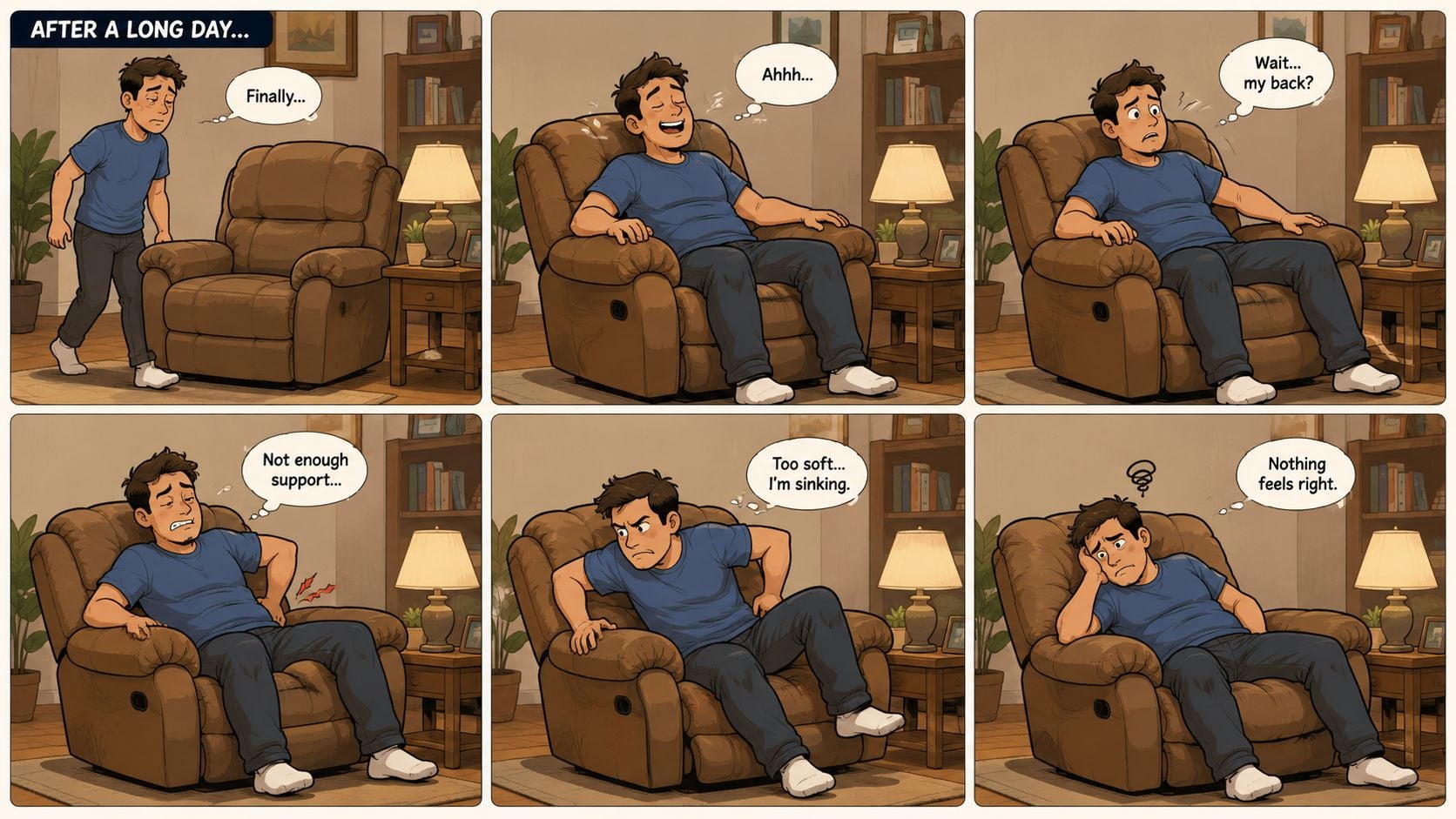 A comic strip showing a man struggling to find comfort and support in an unsupportive recliner chair.