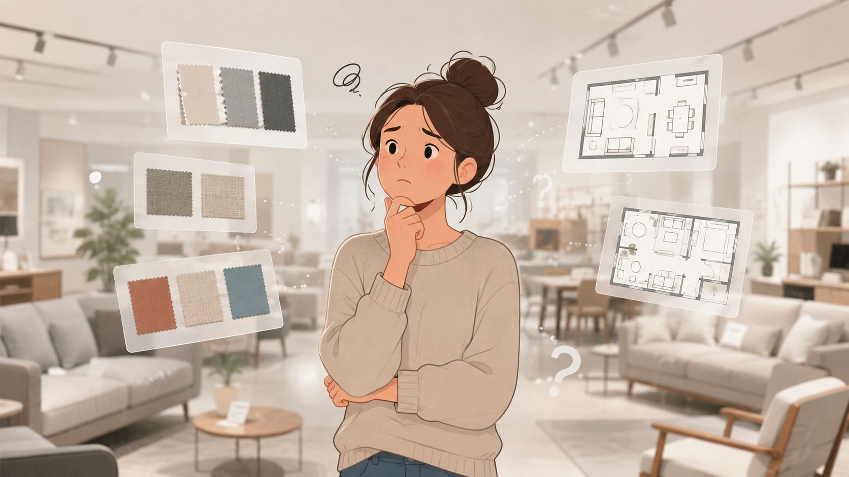 A confused young woman considering fabric swatches and floor plans while shopping for home furniture.