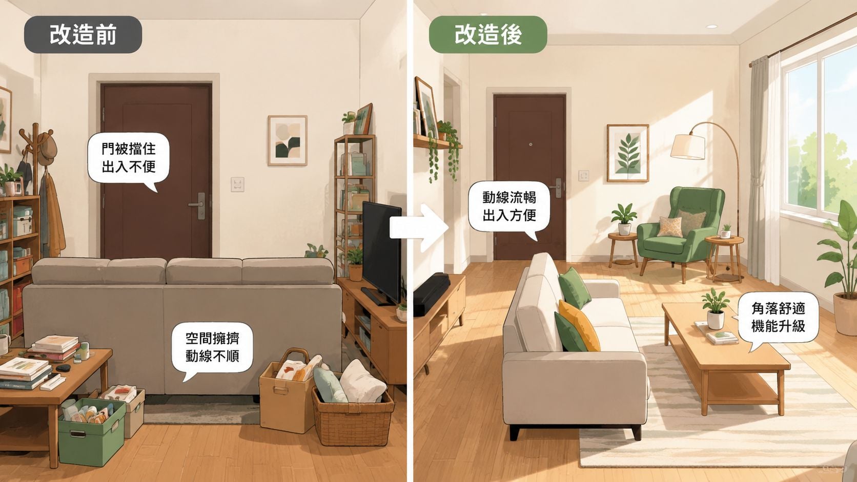 A split view comparison showing an cluttered, disorganized living room layout transformed into an open, functional space.