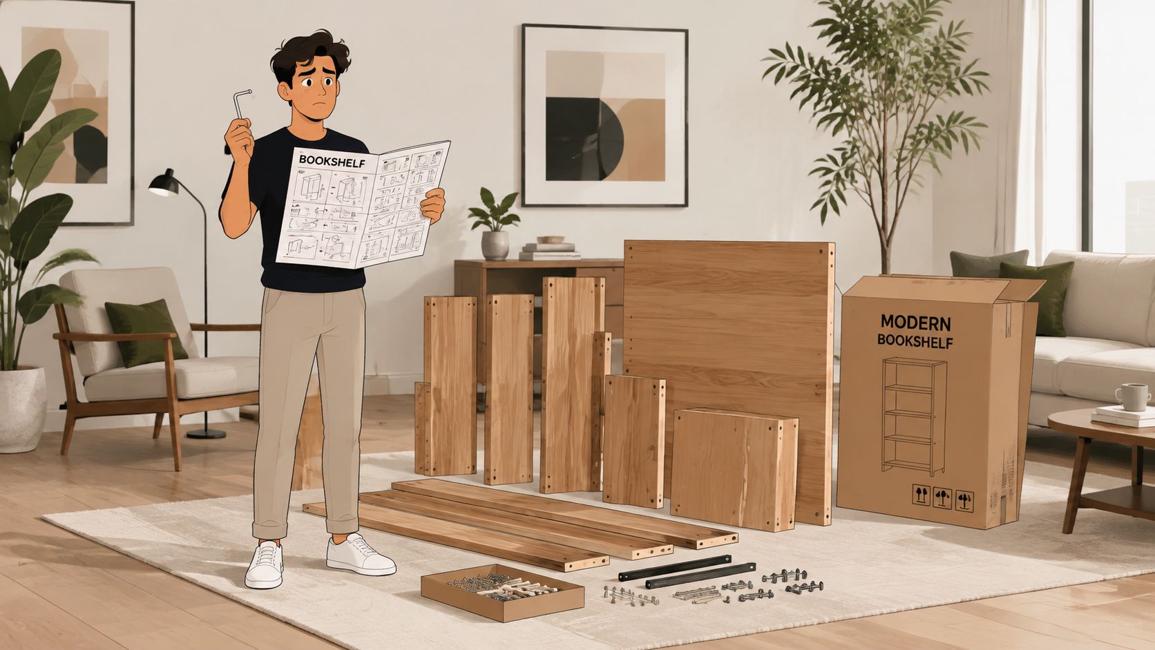 A confused young man holding an instruction manual and hex key while assembling a flat-pack wooden bookshelf.
