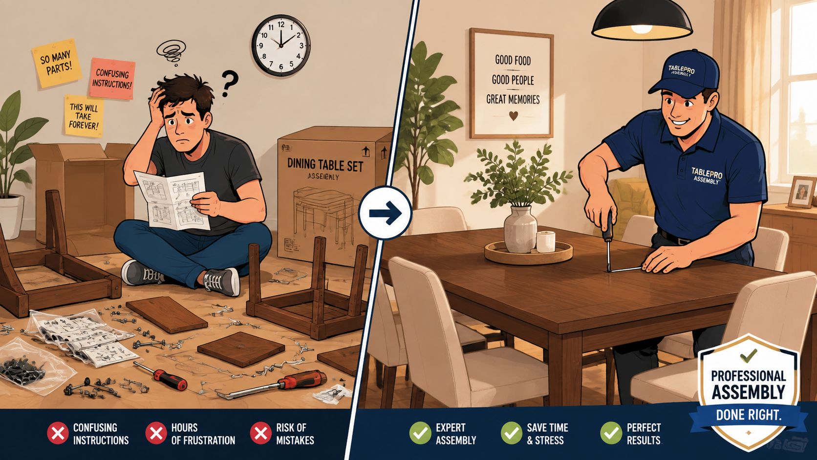A split image comparing a stressed person struggling with DIY furniture assembly to a professional assembling a table.
