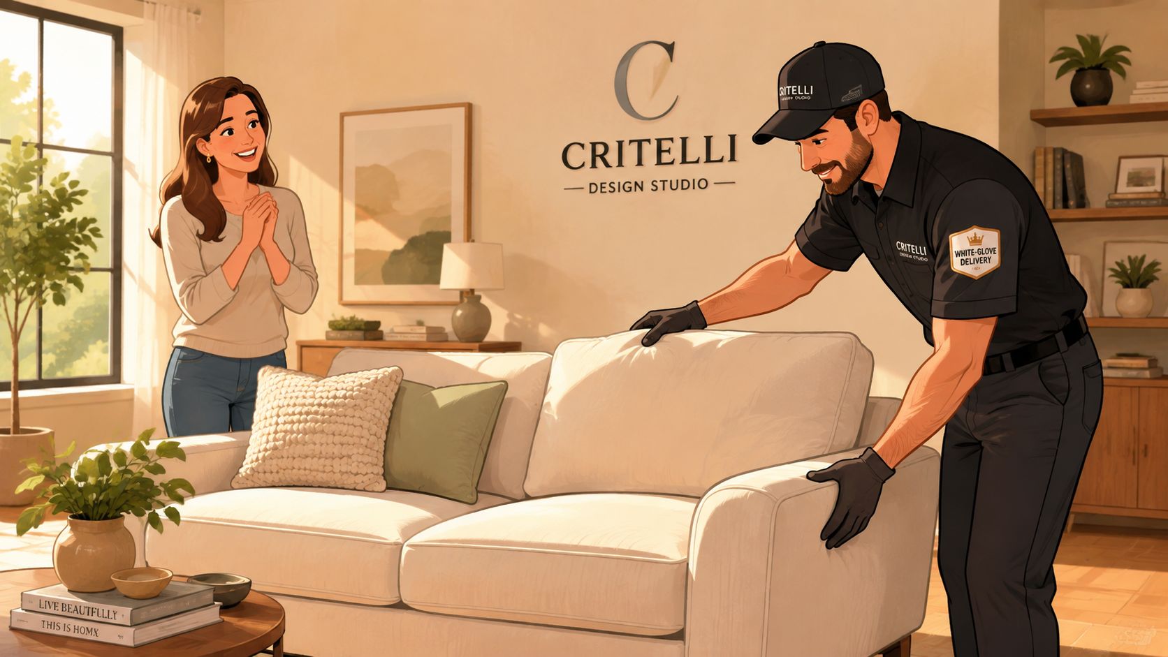 A professional furniture delivery technician positions a new white sofa for a smiling customer in her home.