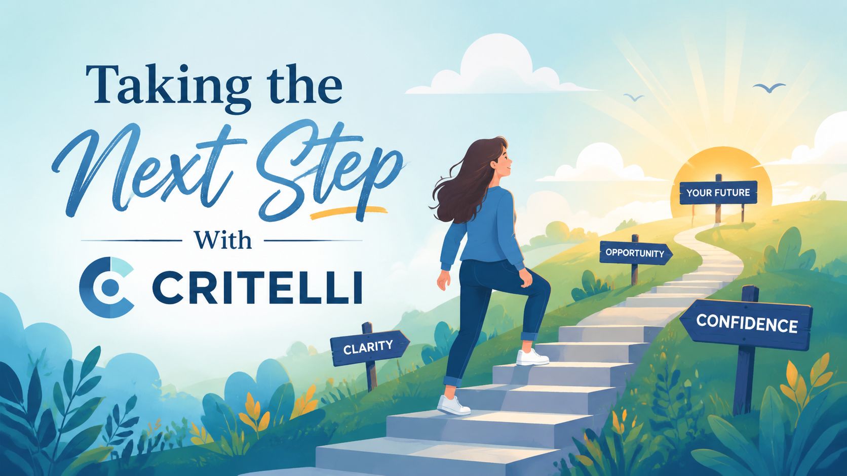 A woman walks up stone stairs toward a sunrise, past signs labeled Clarity, Opportunity, and Your Future.