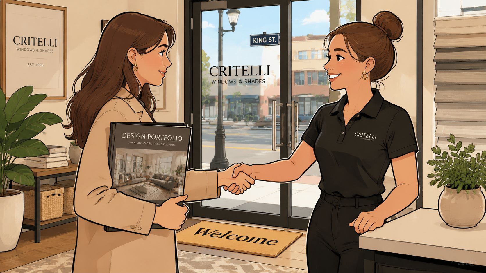 An interior designer shakes hands with a Critelli Windows and Shades staff member in a showroom.