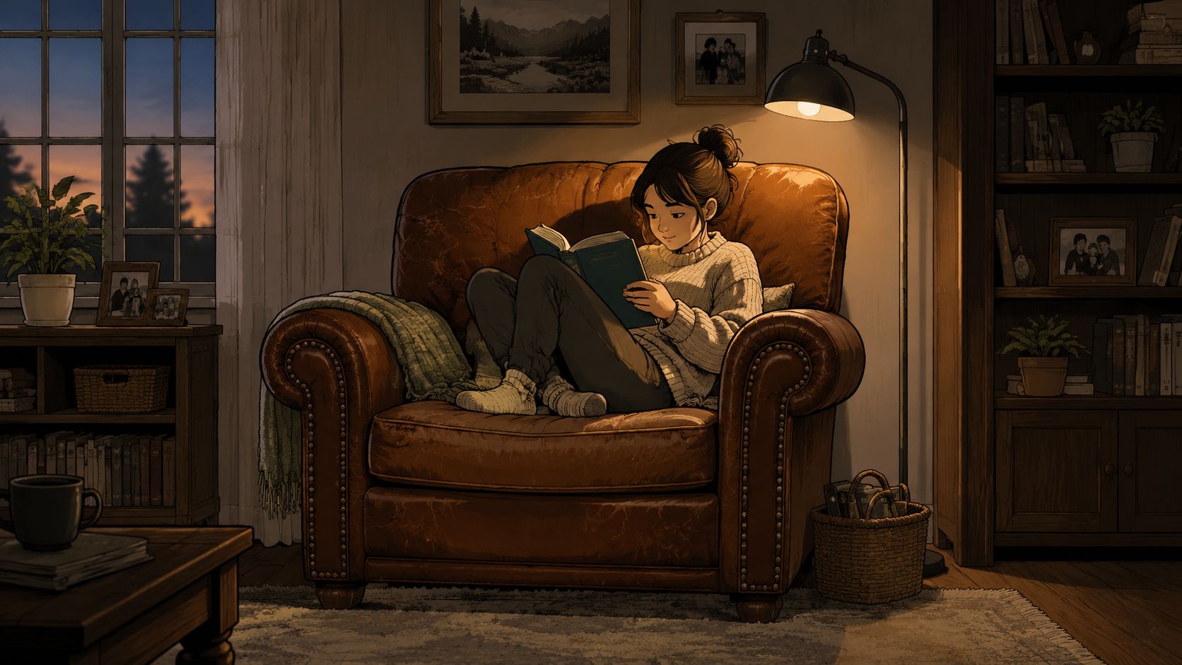'A cozy illustration of a young woman reading a book in a comfortable brown leather armchair.'