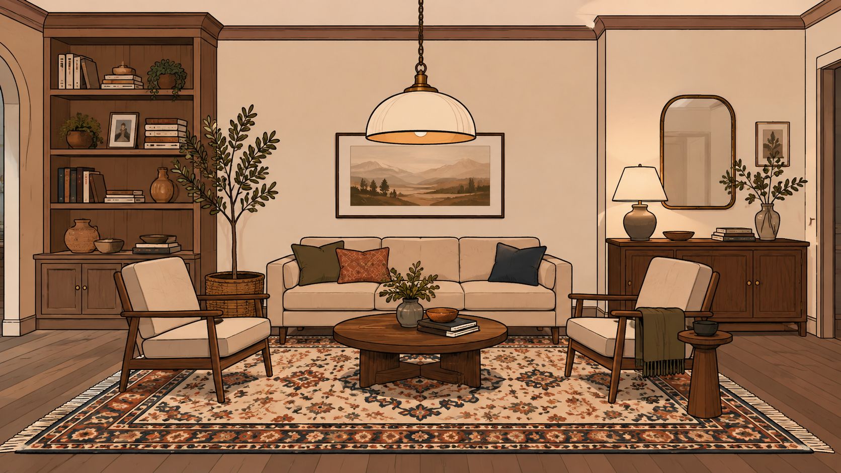 A cozy, well-lit living room with neutral-toned furniture, wooden accents, and warm ambient lighting for a relaxing atmosphere.