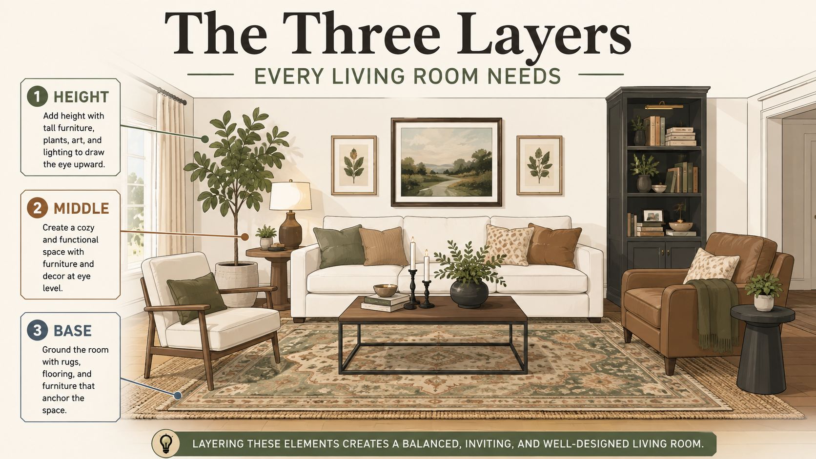 An infographic illustrating three design layers for living rooms: height, middle, and base for a balanced space.
