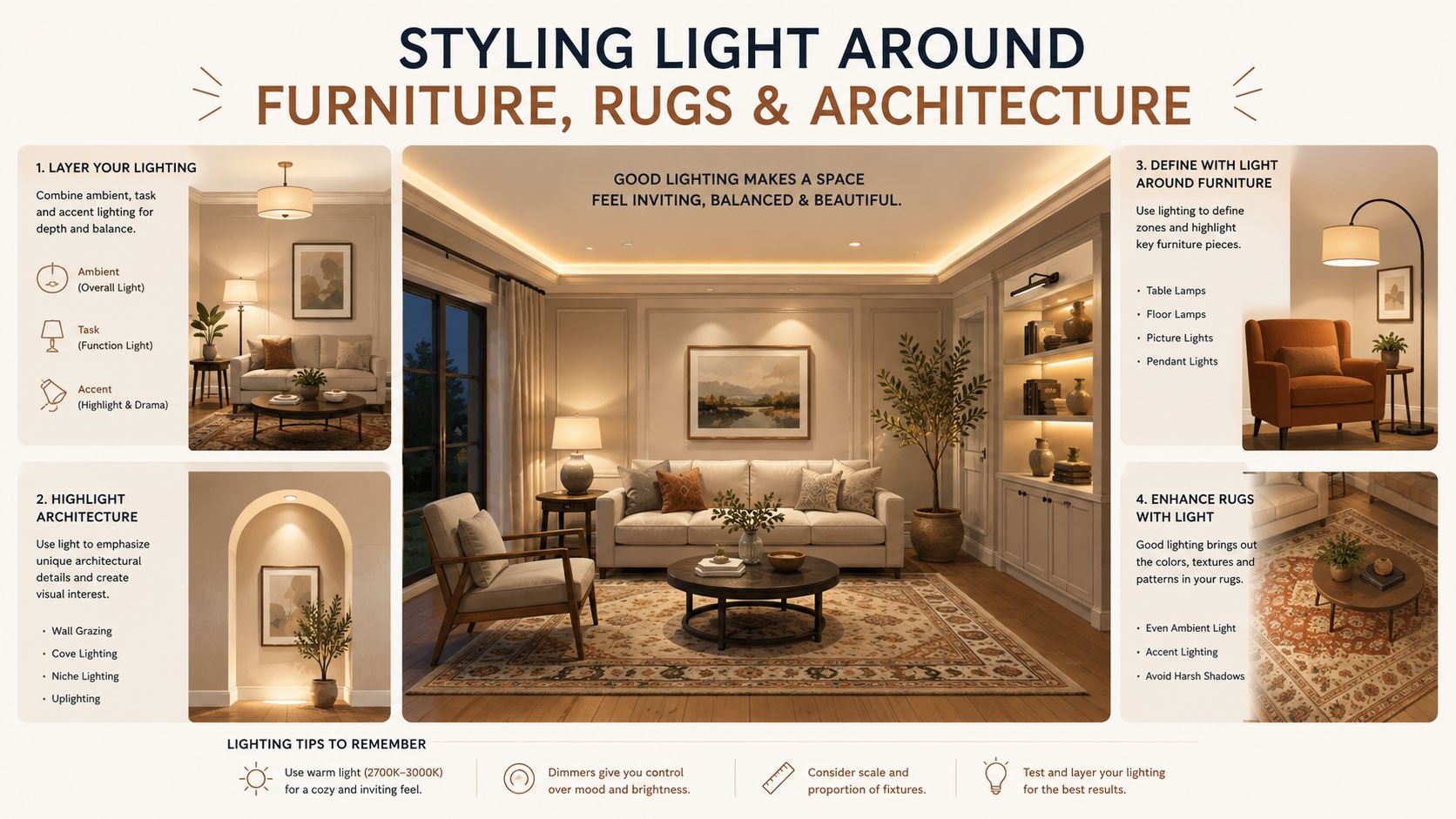 A visual guide explaining how to layer ambient, task, and accent lighting for living rooms and decor.
