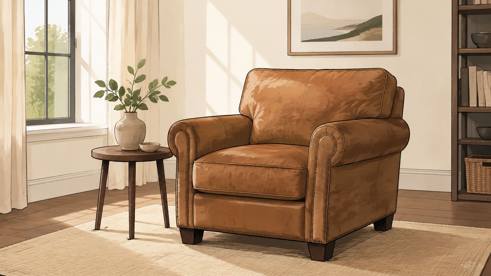 A classic brown leather armchair sits next to a side table with a plant in a cozy living room.