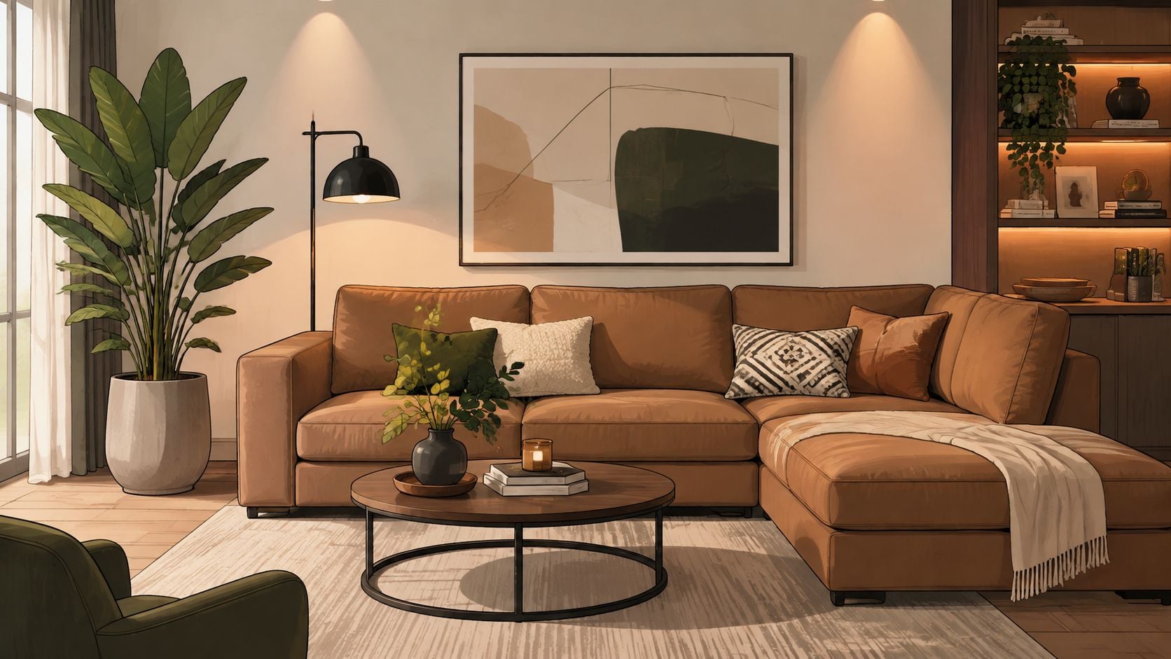 A cozy, modern living room featuring a warm brown leather sectional sofa, indoor plants, and soft lighting.