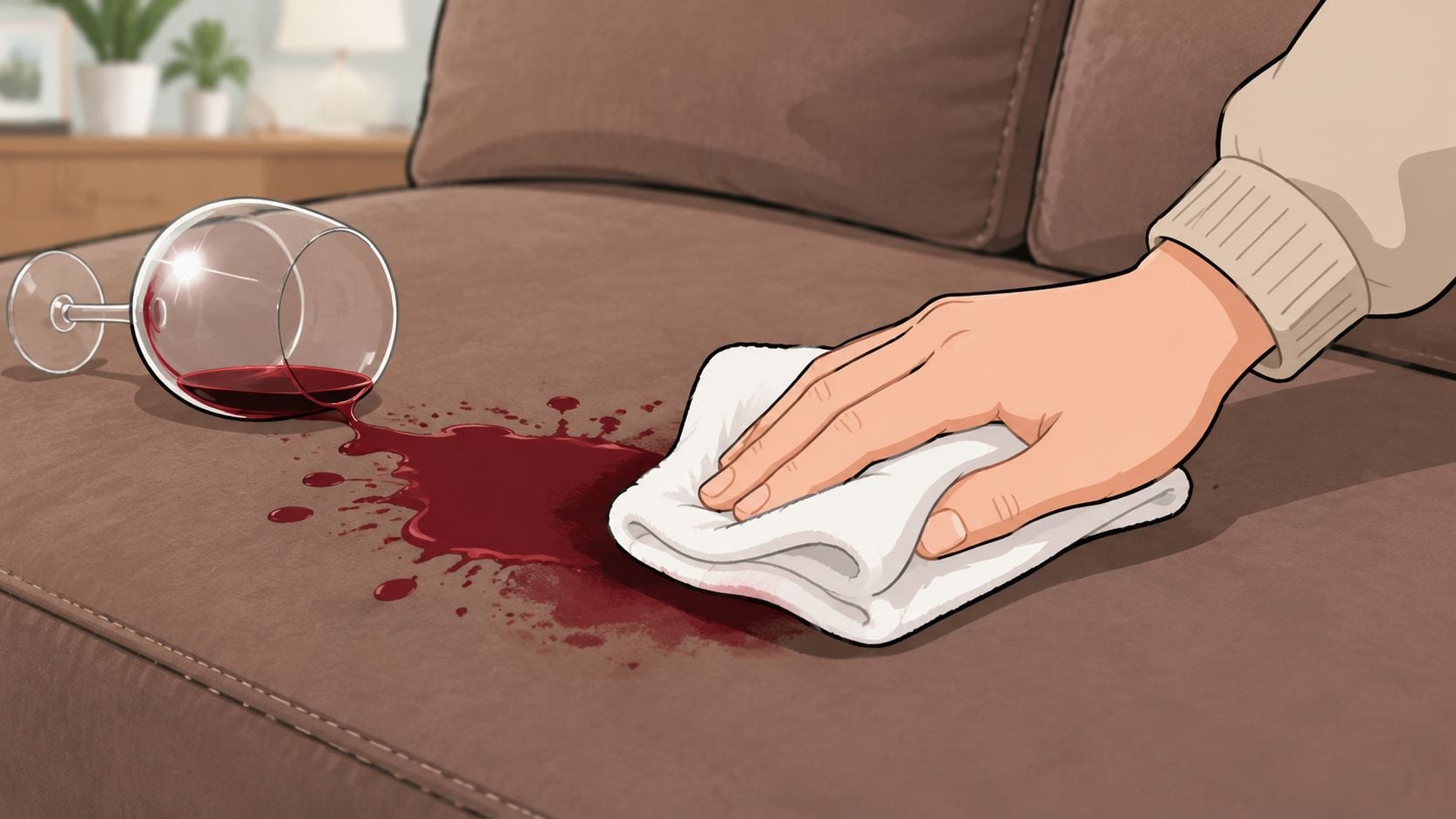 A hand using a white cloth to clean up red wine spilled on a brown couch.
