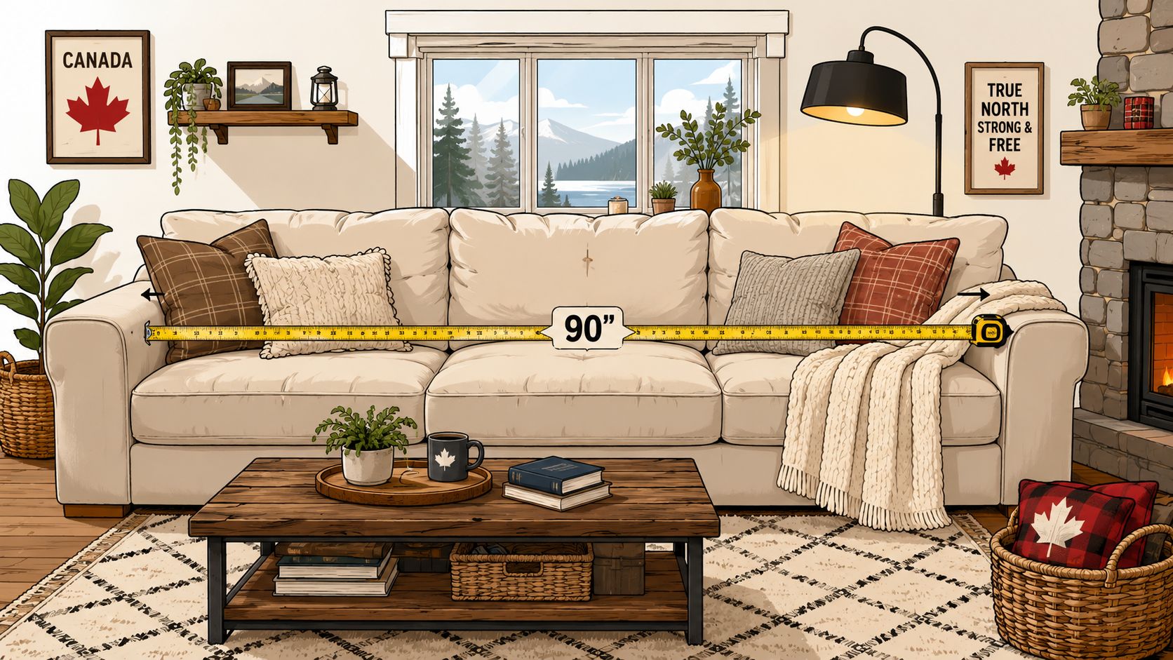 A cozy, oversized beige sofa in a Canadian-themed living room featuring throw pillows and a coffee table.