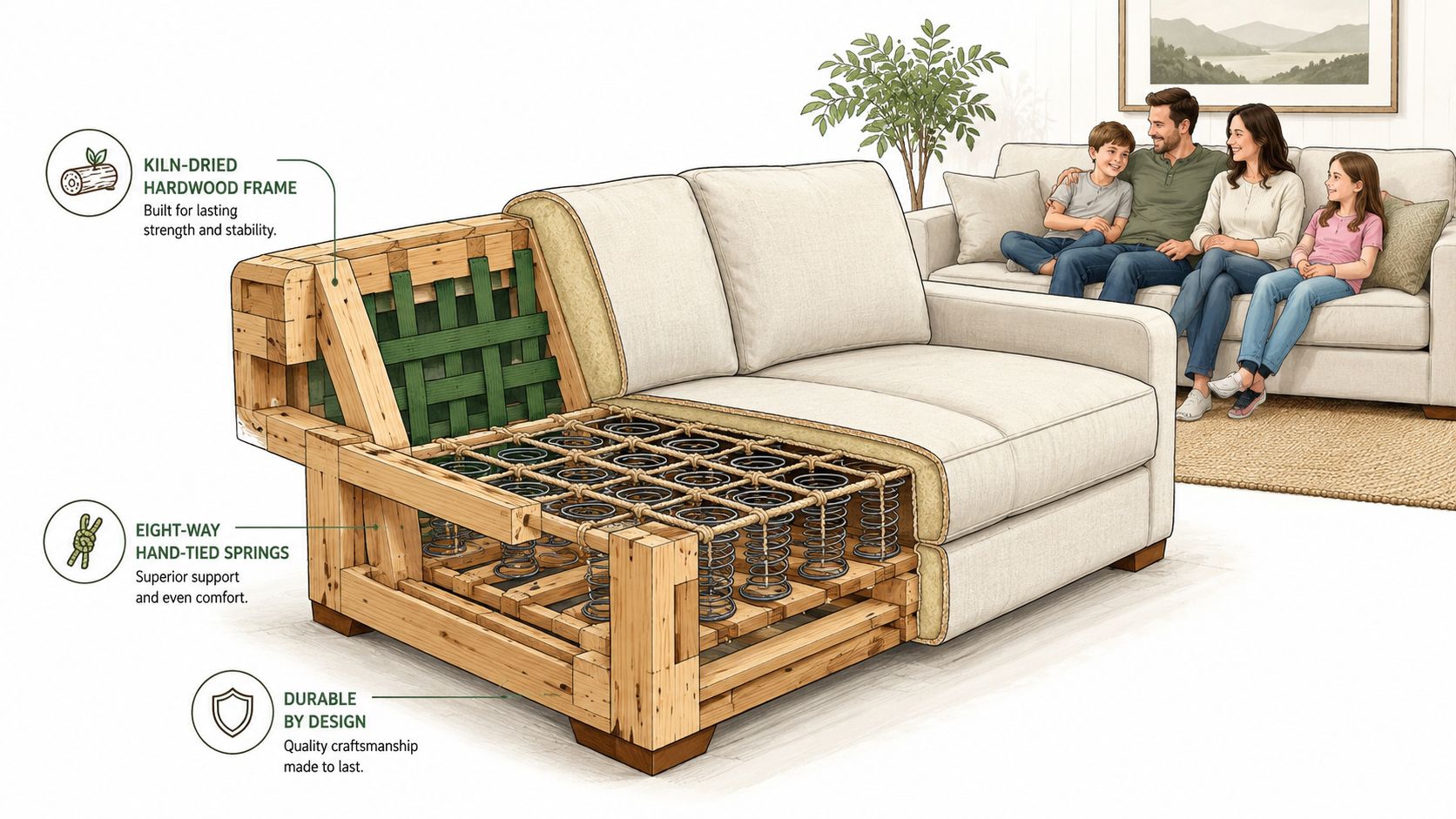A cutaway illustration of a sofa revealing a kiln-dried hardwood frame and eight-way hand-tied springs construction.