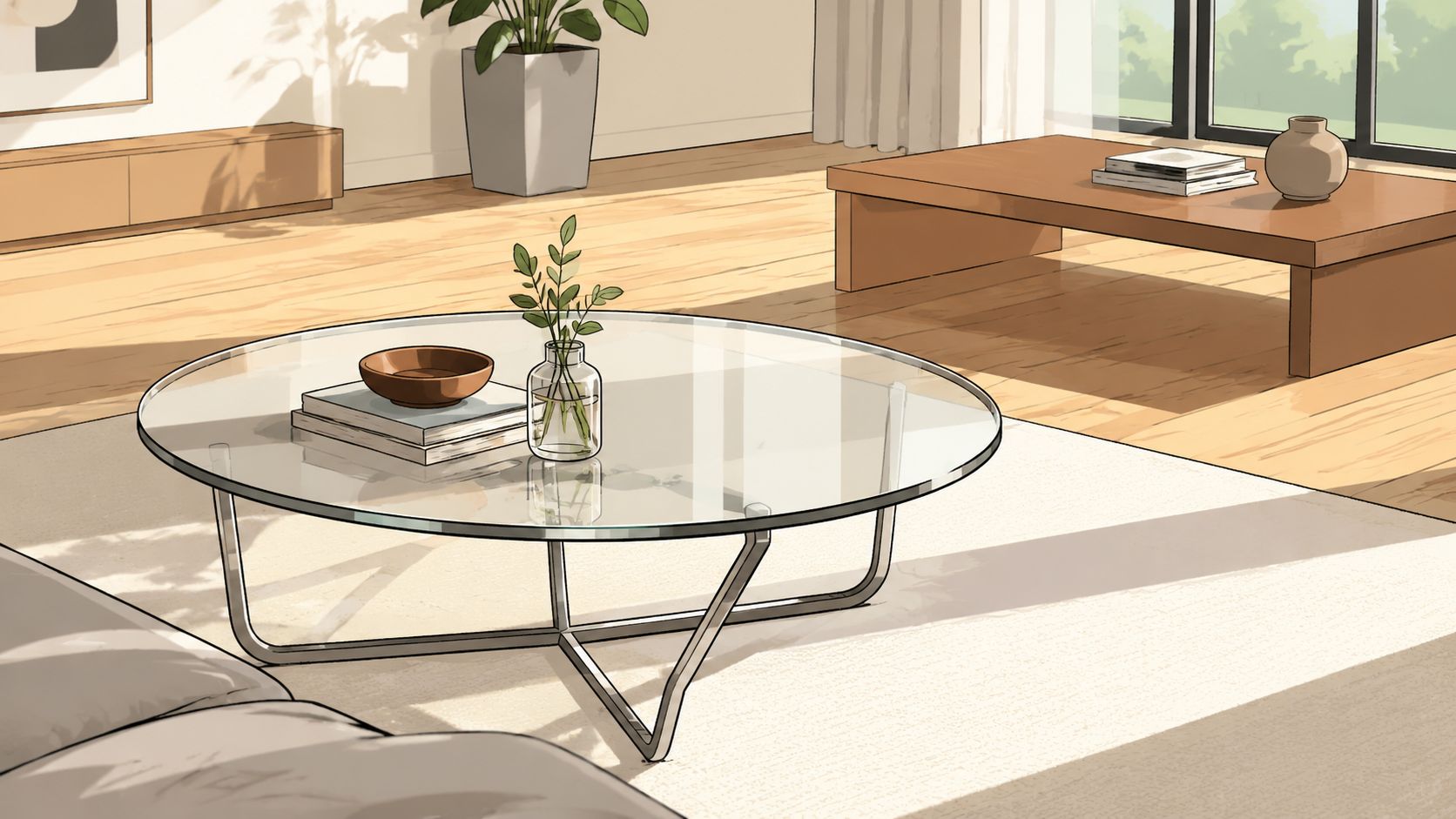 A modern living room with a round glass coffee table decorated with books and a vase.