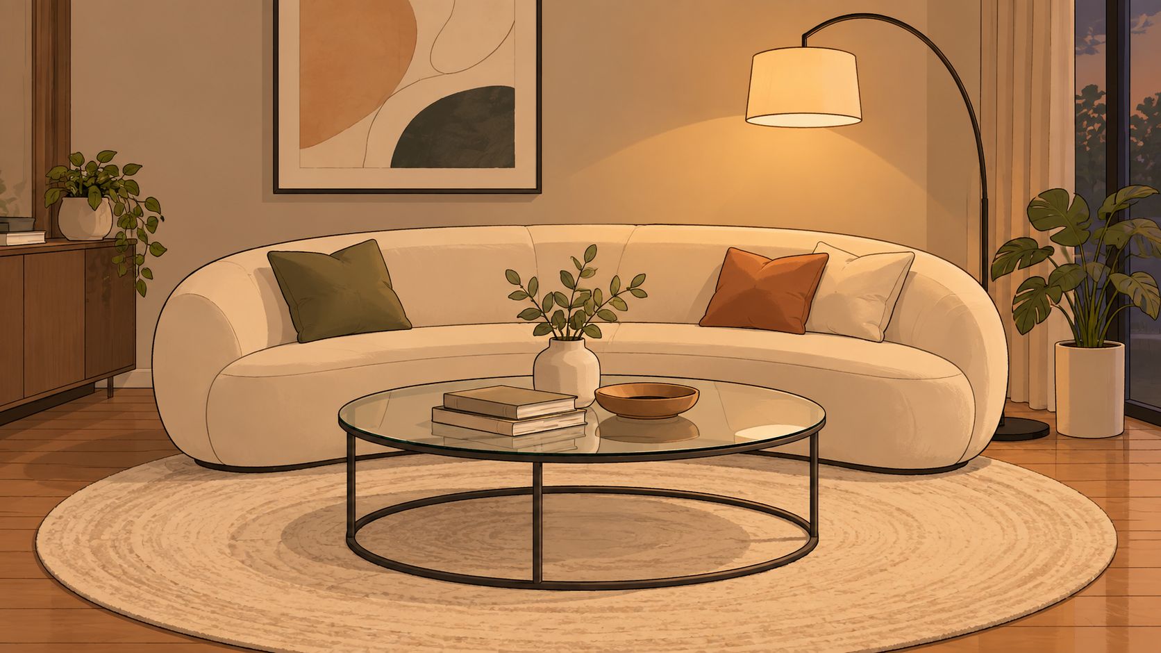 A modern curved white sofa with throw pillows and a glass round coffee table in a cozy living room.