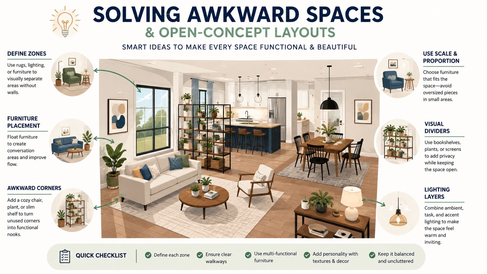 A visual guide for organizing open-concept floor plans with furniture placement tips and design strategies.
