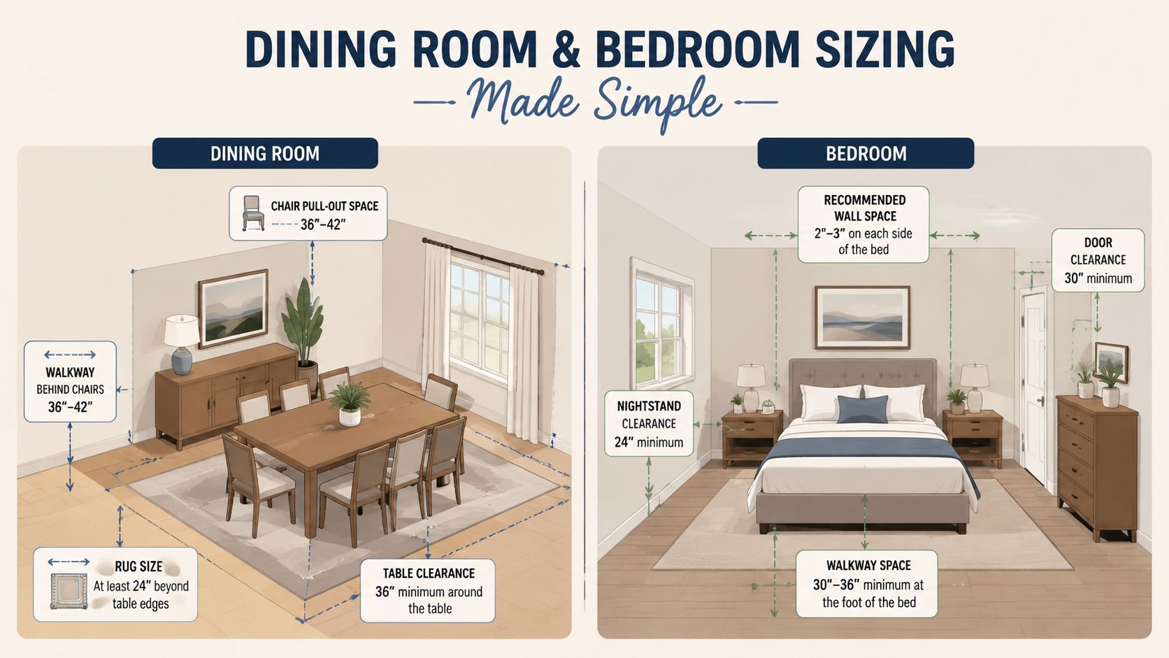 An infographic showing recommended furniture spacing and clearance measurements for dining rooms and bedroom layouts.