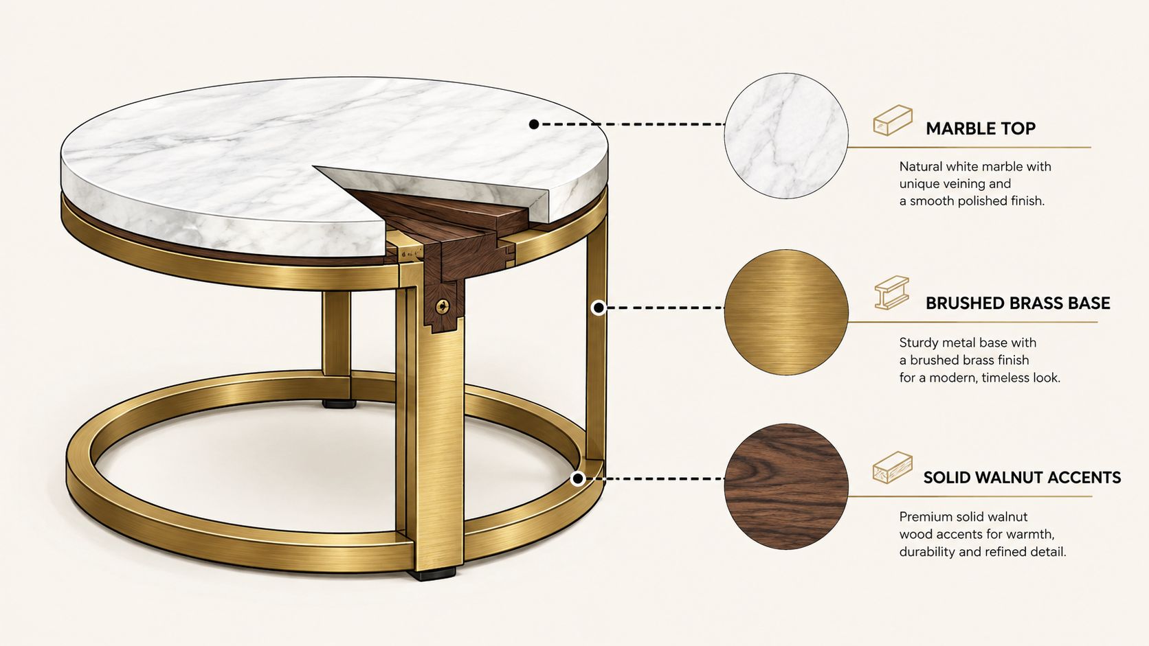 A modern round coffee table with a white marble top, brushed brass frame, and solid walnut wood accents.