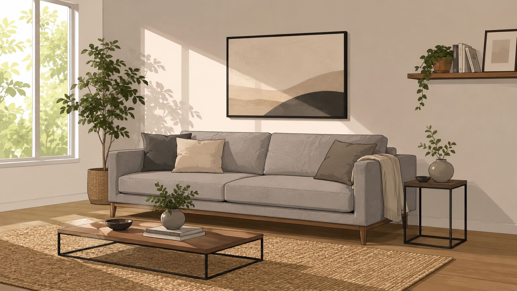 A minimalist living room featuring a cozy grey sofa, wooden coffee table, and natural sunlight streaming through a window.
