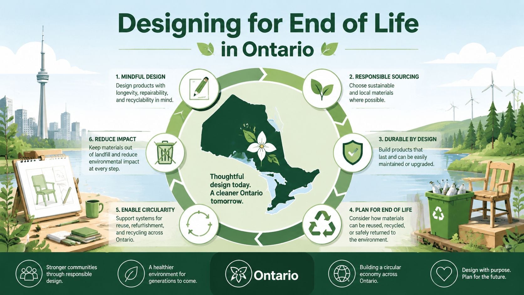 An infographic illustrating six steps for sustainable design to promote a circular economy in Ontario, Canada.