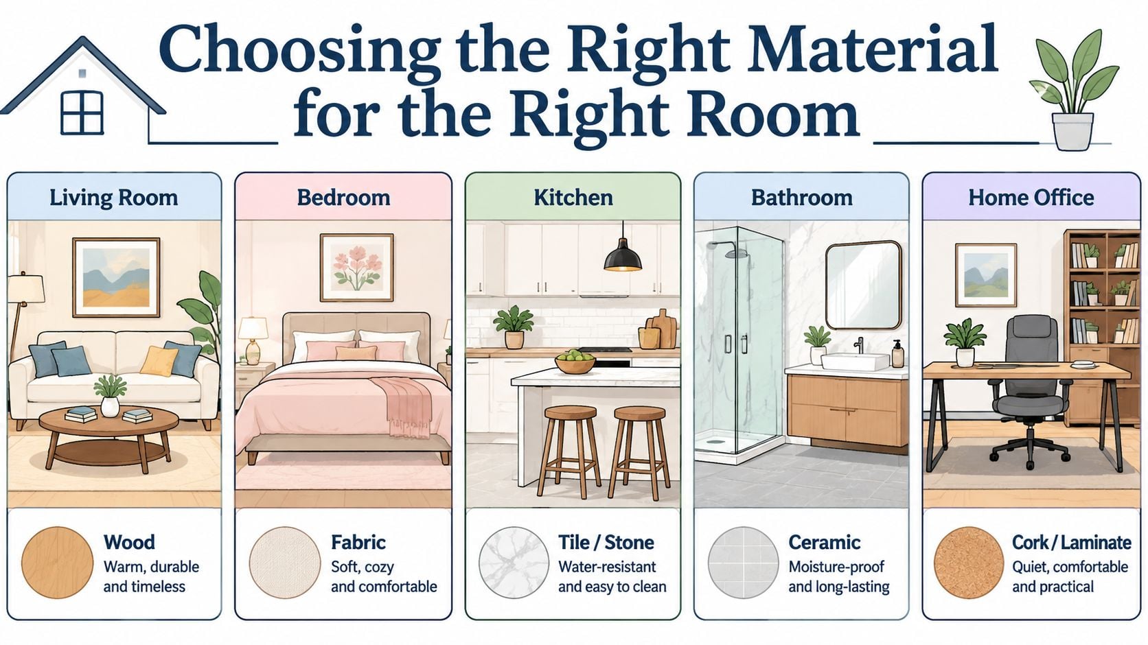 A guide illustrating the best flooring and furniture materials for different rooms in a house, including living room, bedroom, kitchen, bathroom, and office.
