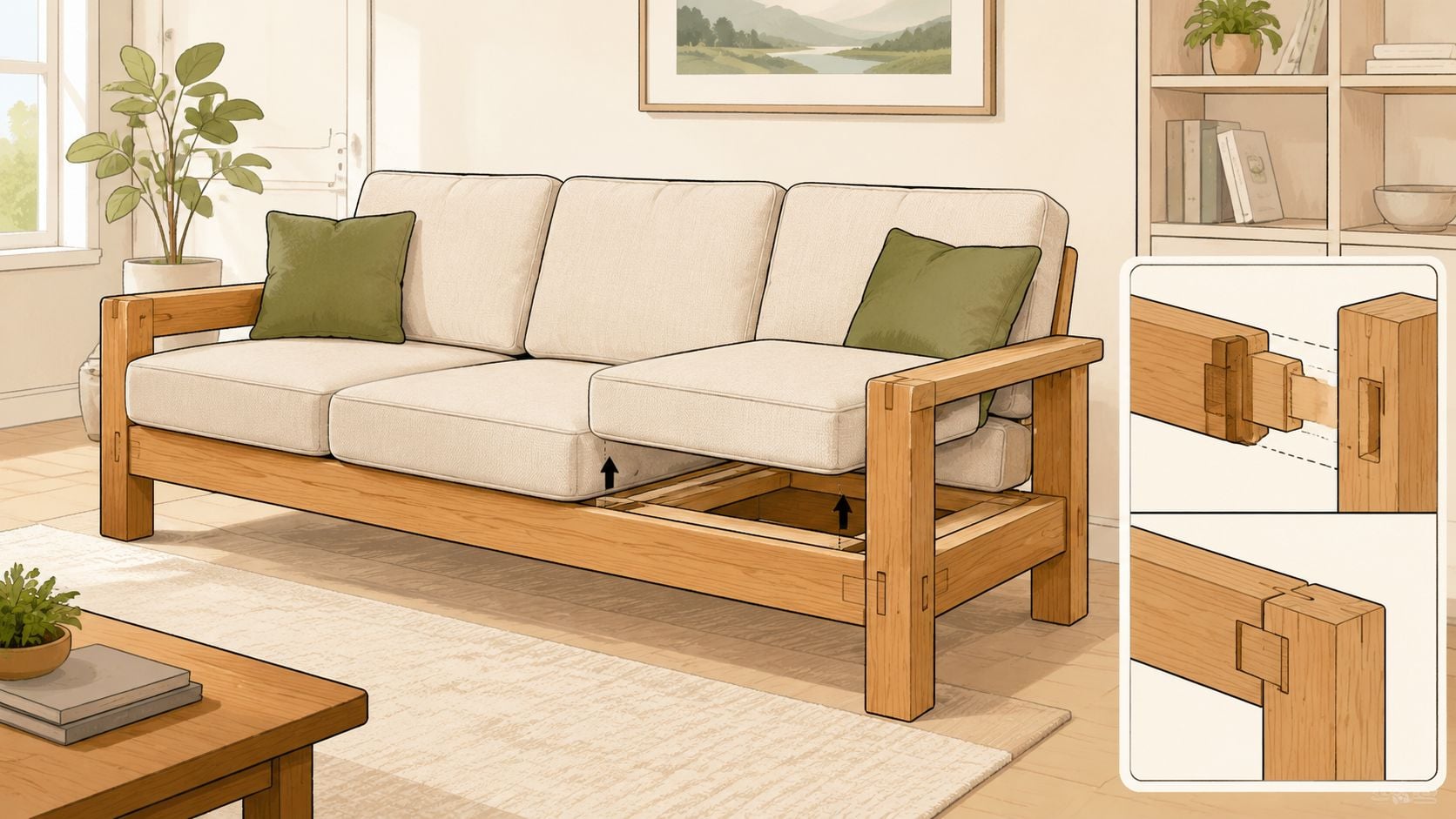 A modern wooden couch with off-white cushions and green throw pillows featuring an exploded view of joinery.