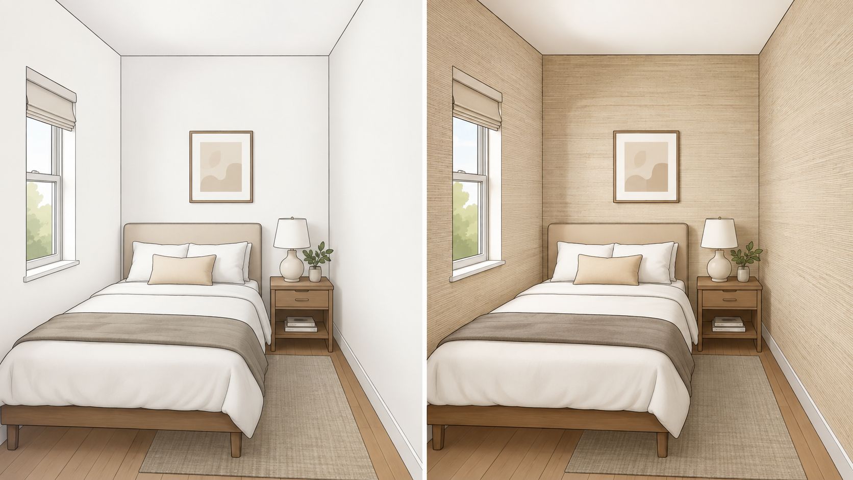 A side-by-side comparison of a bedroom with white walls and a bedroom with textured wallpaper.