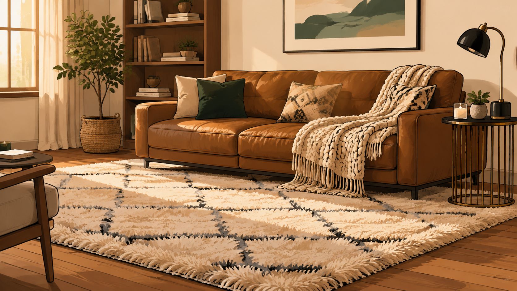 A cozy, sunlit living room featuring a brown leather sofa, shaggy rug, and warm textured decor.