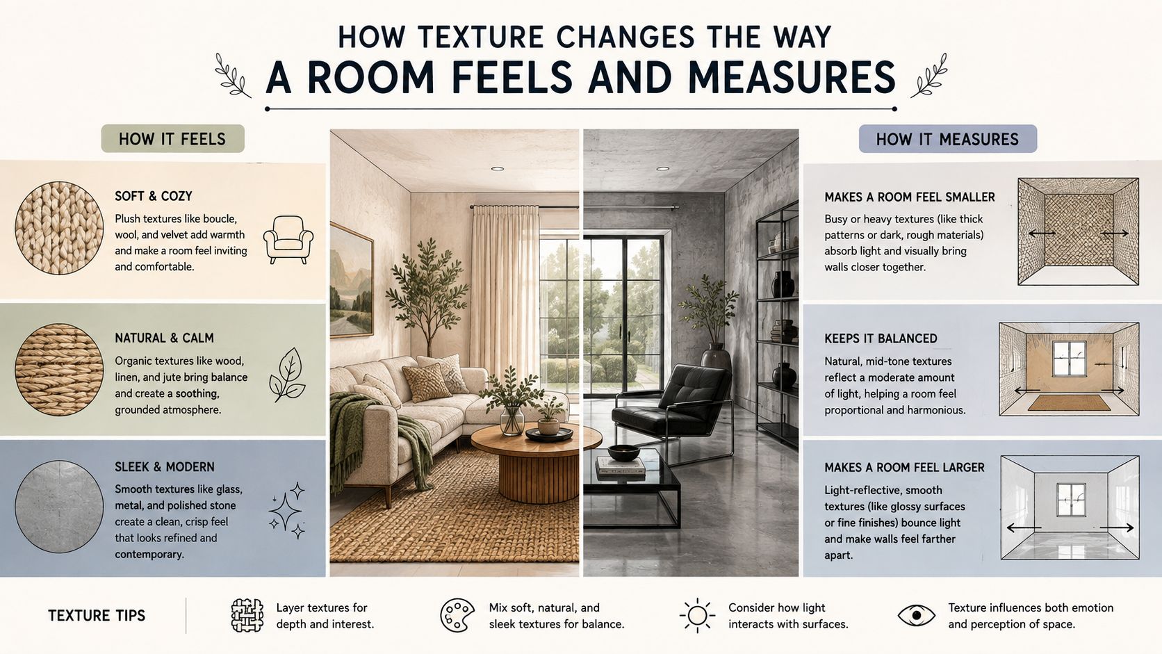 An infographic showing how interior textures affect room perception, emotional feel, and physical space dimensions.