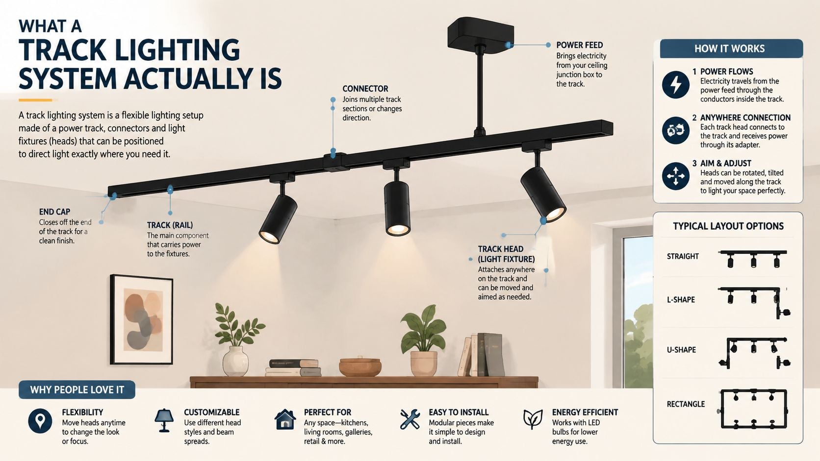 A diagram illustrating the components of a black track lighting system and its various installation layout options.