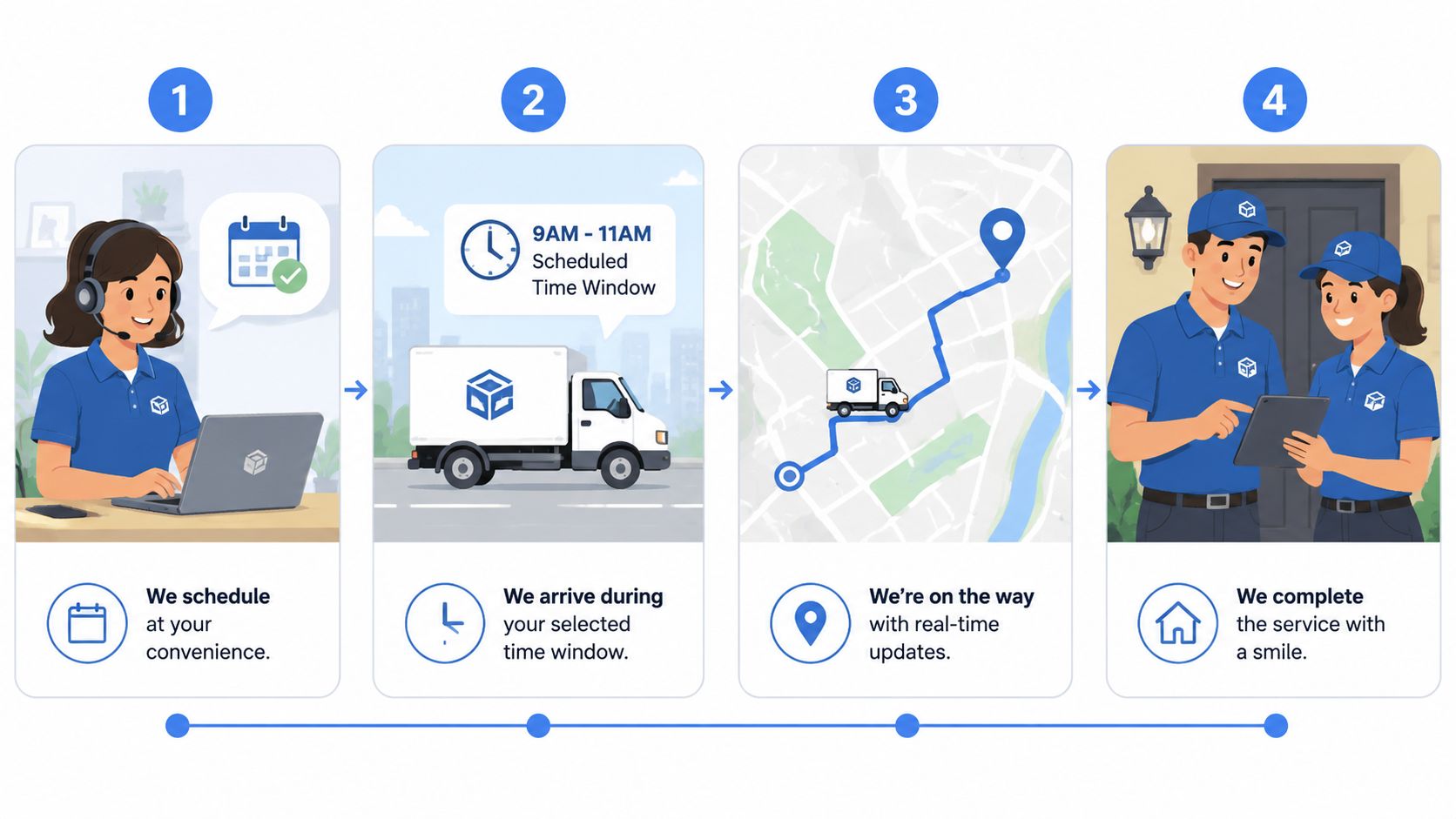 A four-step infographic illustrating a seamless white glove delivery service process from scheduling to completion.
