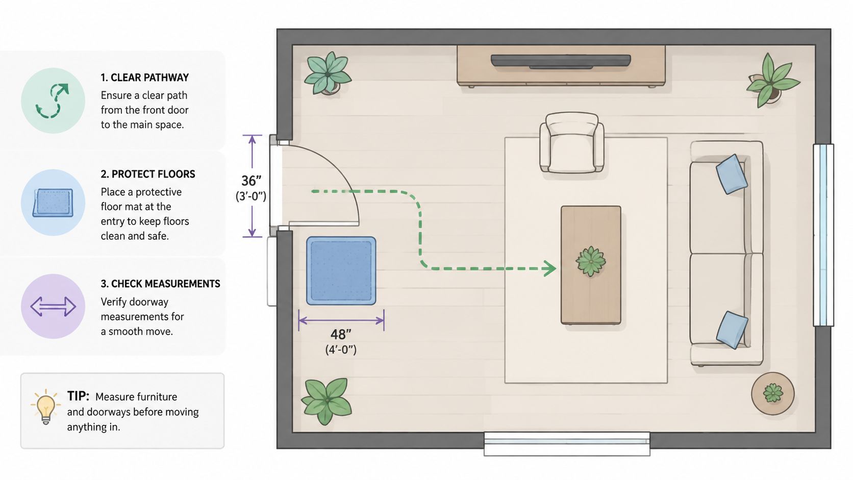 A diagram illustrating home moving tips, showing a room floor plan with entry door and furniture measurements.