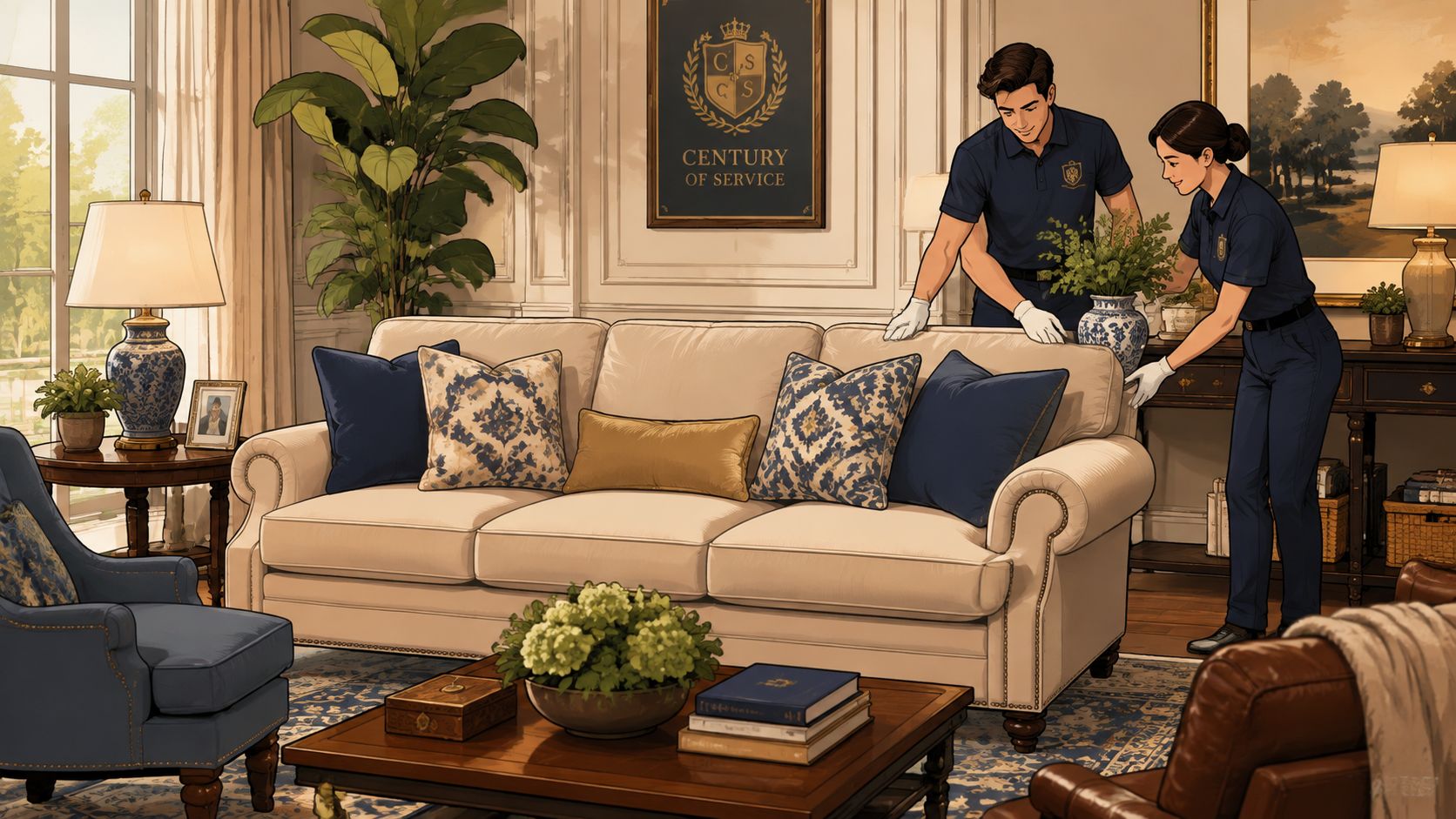 Two professionals in uniform performing a white glove delivery service in a luxurious living room setting.
