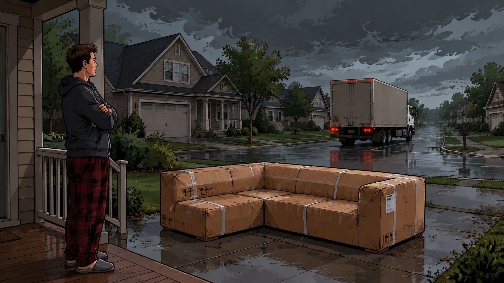 A person standing on a porch watching a delivery truck drive away from a large boxed couch.