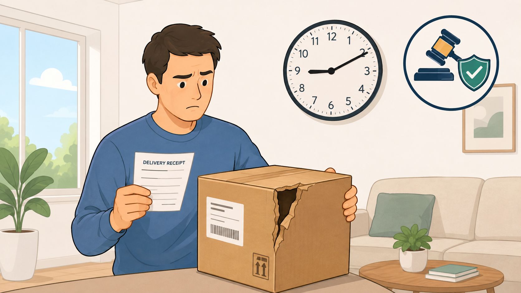 A man looking worried at a damaged delivery box while holding a delivery receipt in his living room.