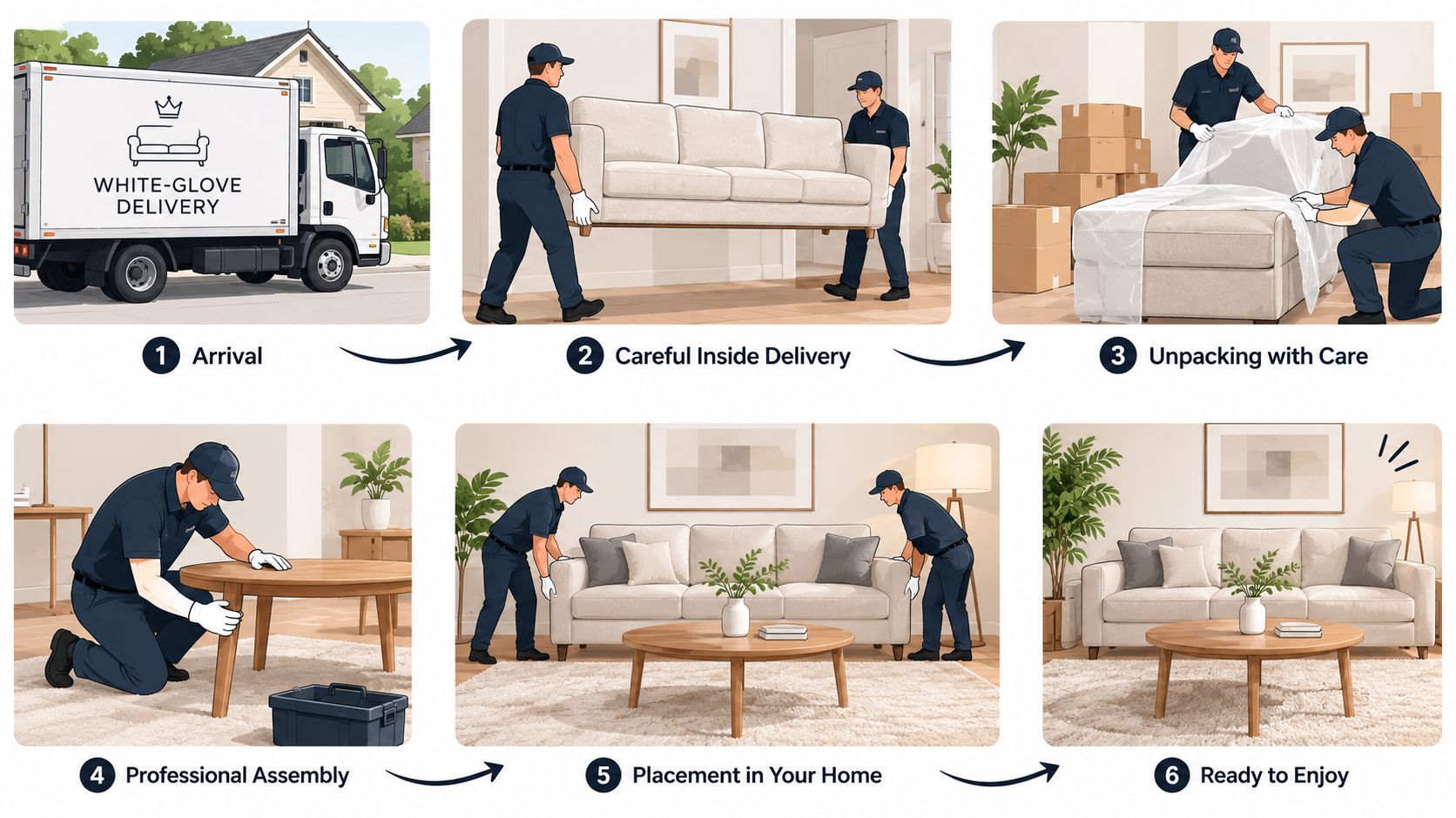 A six-step infographic demonstrating a professional white-glove furniture delivery process from arrival to home placement.