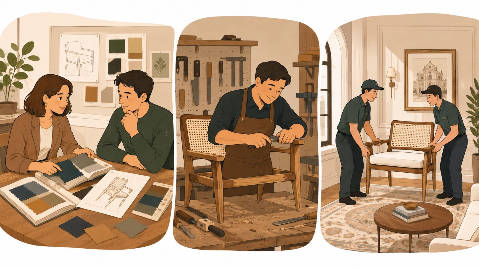 A three-part illustration showing furniture design consultation, woodworking craftsmanship, and professional white glove delivery service.
