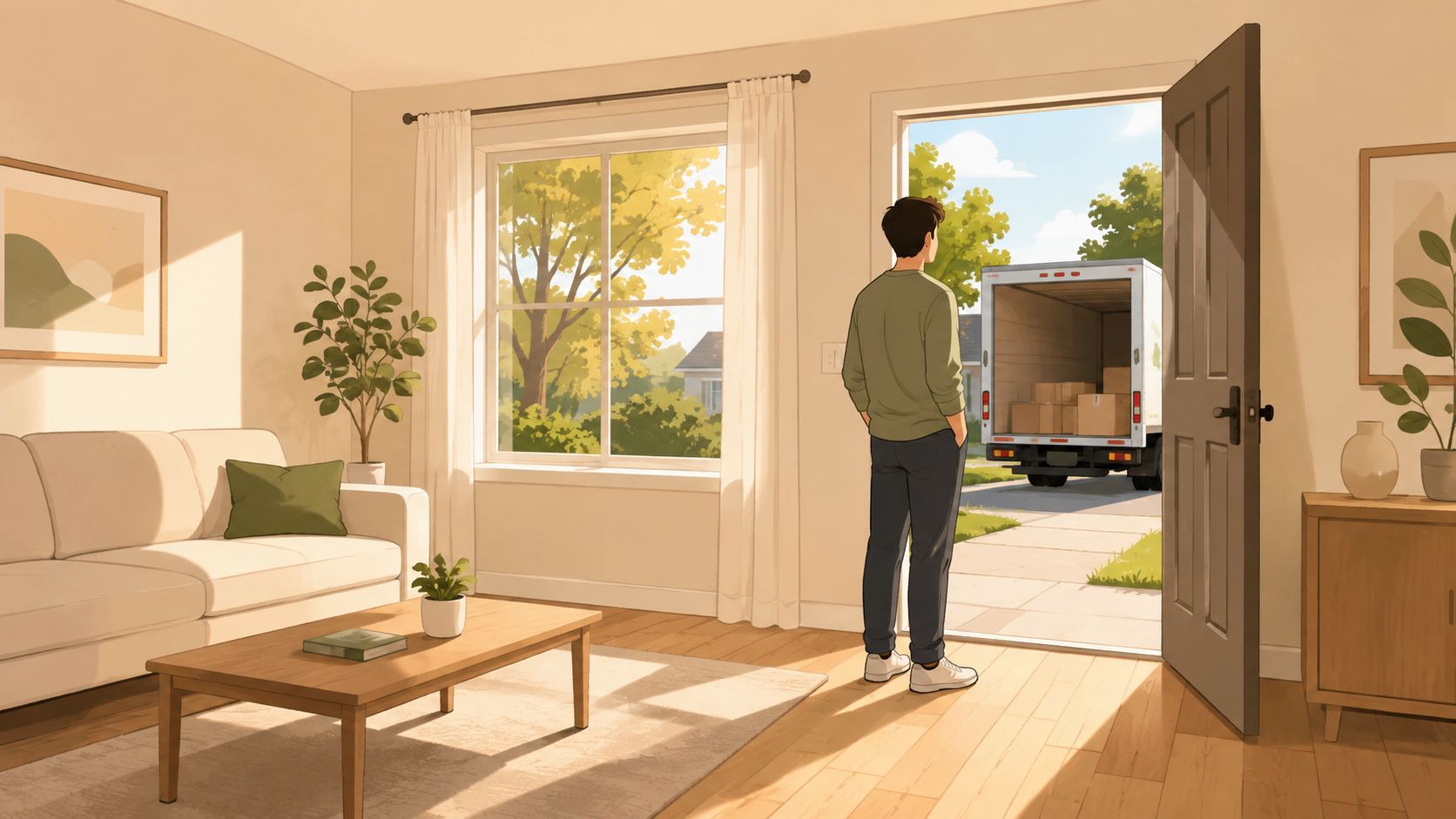 A man standing in his doorway watching a moving truck packed with boxes outside his home.