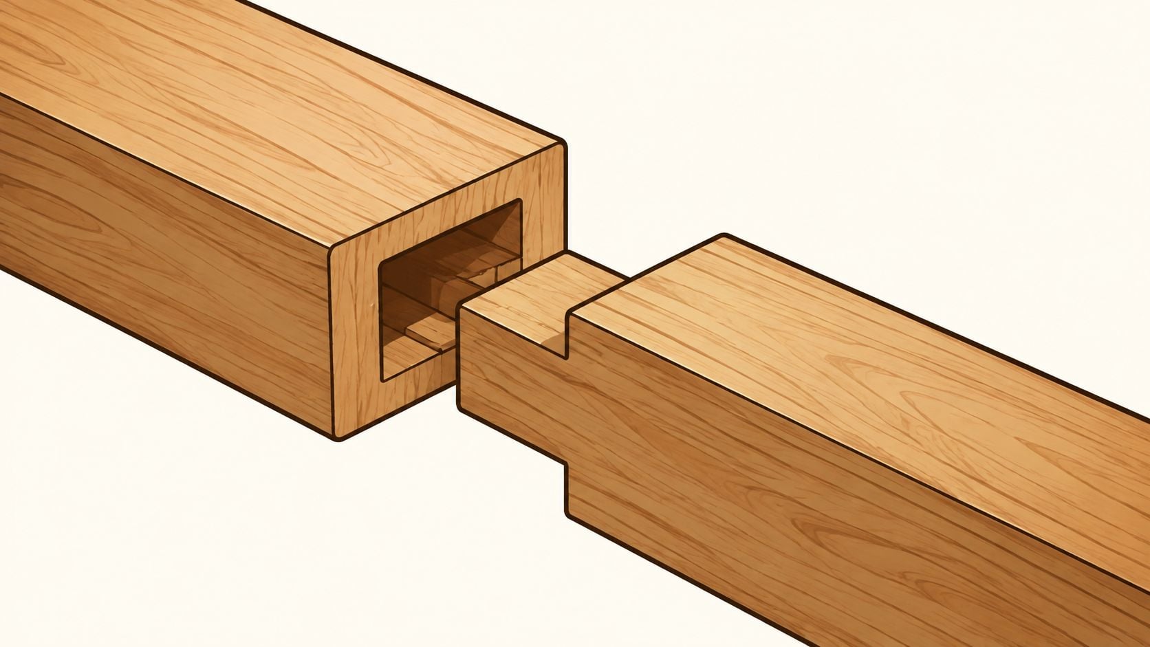 An illustration showing a mortise and tenon wood joinery technique with two wooden beams about to connect.