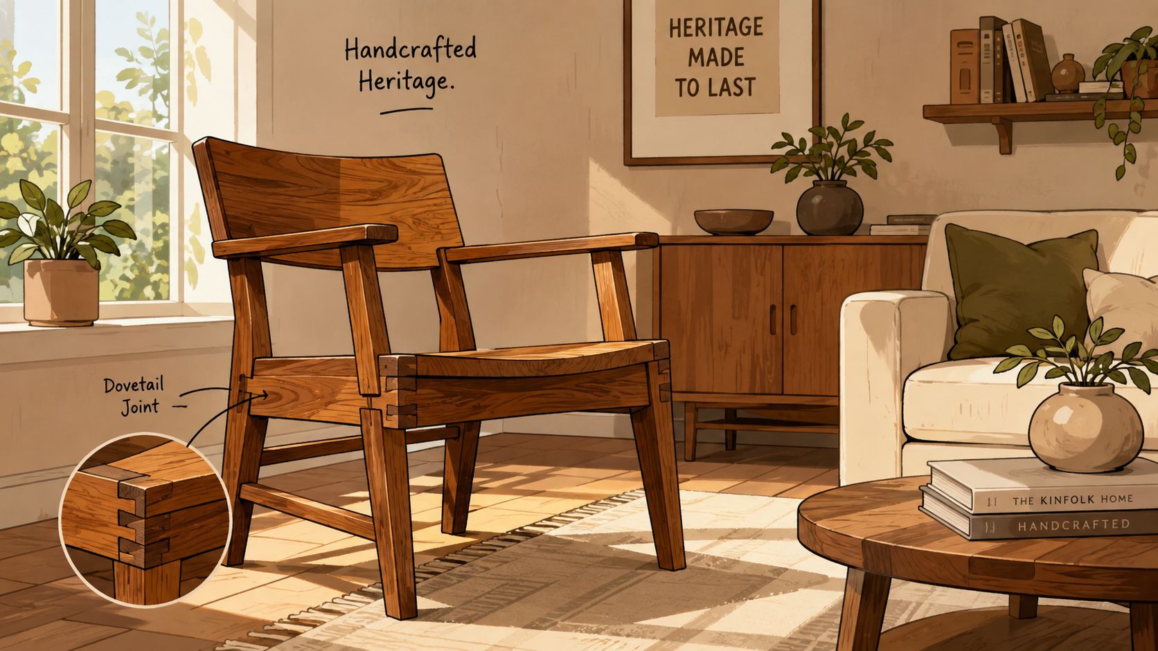 A handcrafted wooden chair featuring detailed dovetail joinery sitting in a bright and cozy living room.
