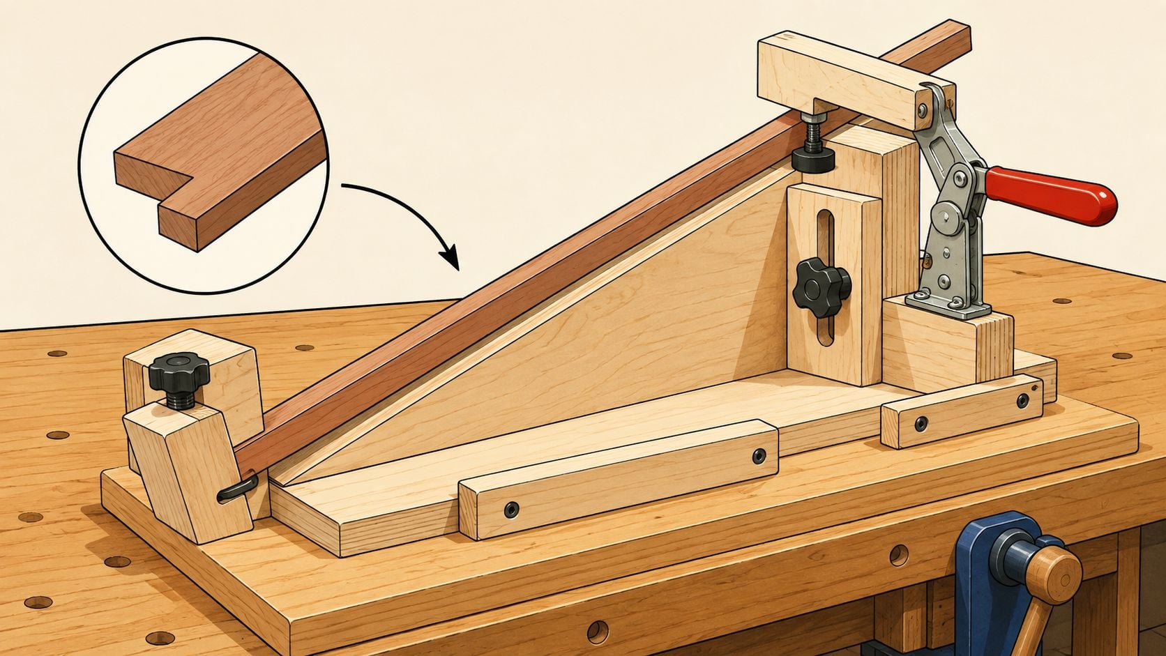A woodworking jig on a workbench holding a piece of wood for creating angled joinery cuts.