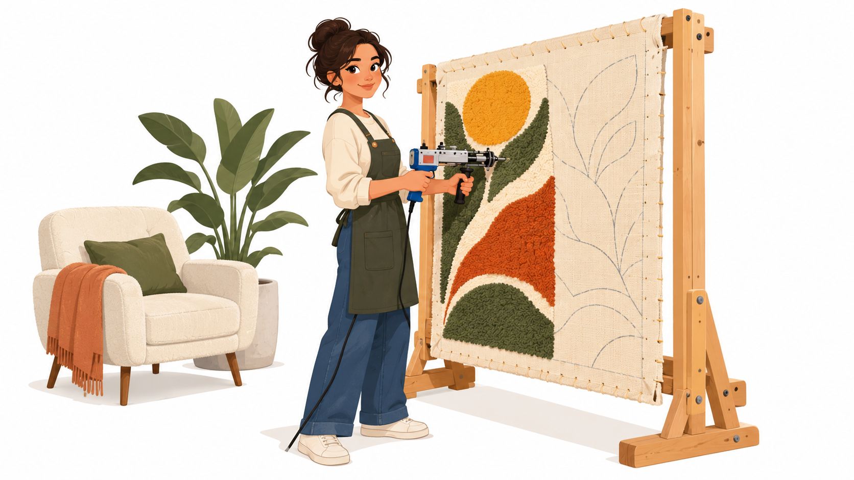 A woman working on an abstract rug design using a hand tufting gun on a wooden frame.