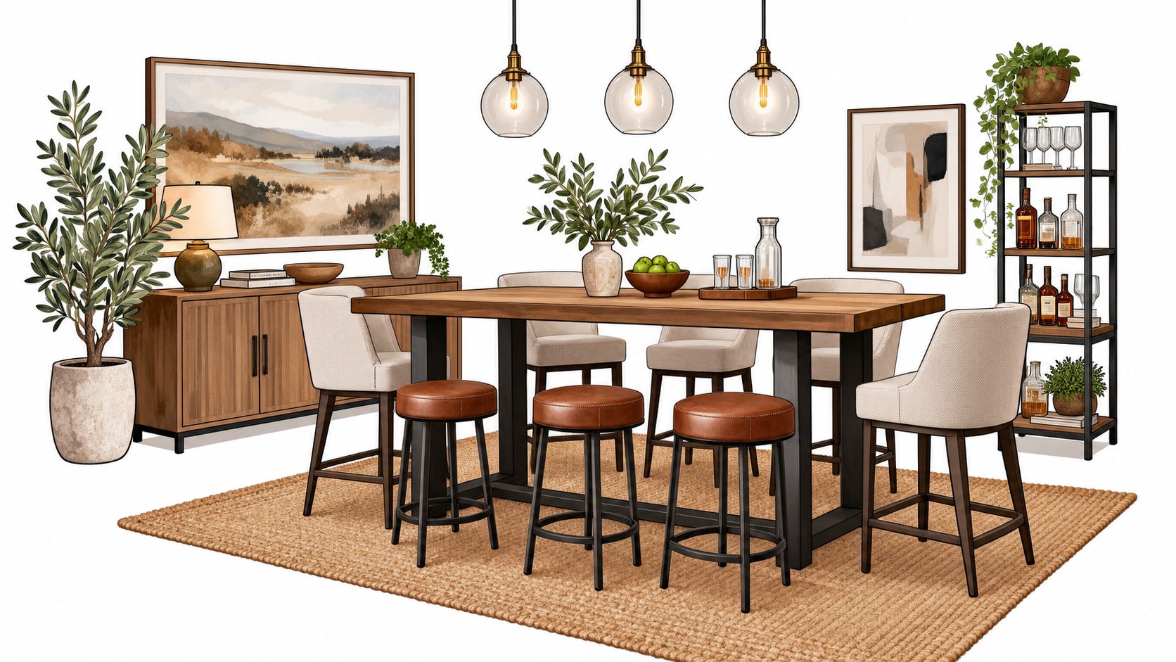 A modern dining room setup featuring a wooden bar height table, stools, chairs, and decorative furniture accessories.