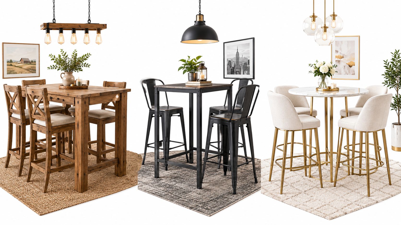Three different modern bar height table and chairs sets displayed on stylish area rugs in a studio.