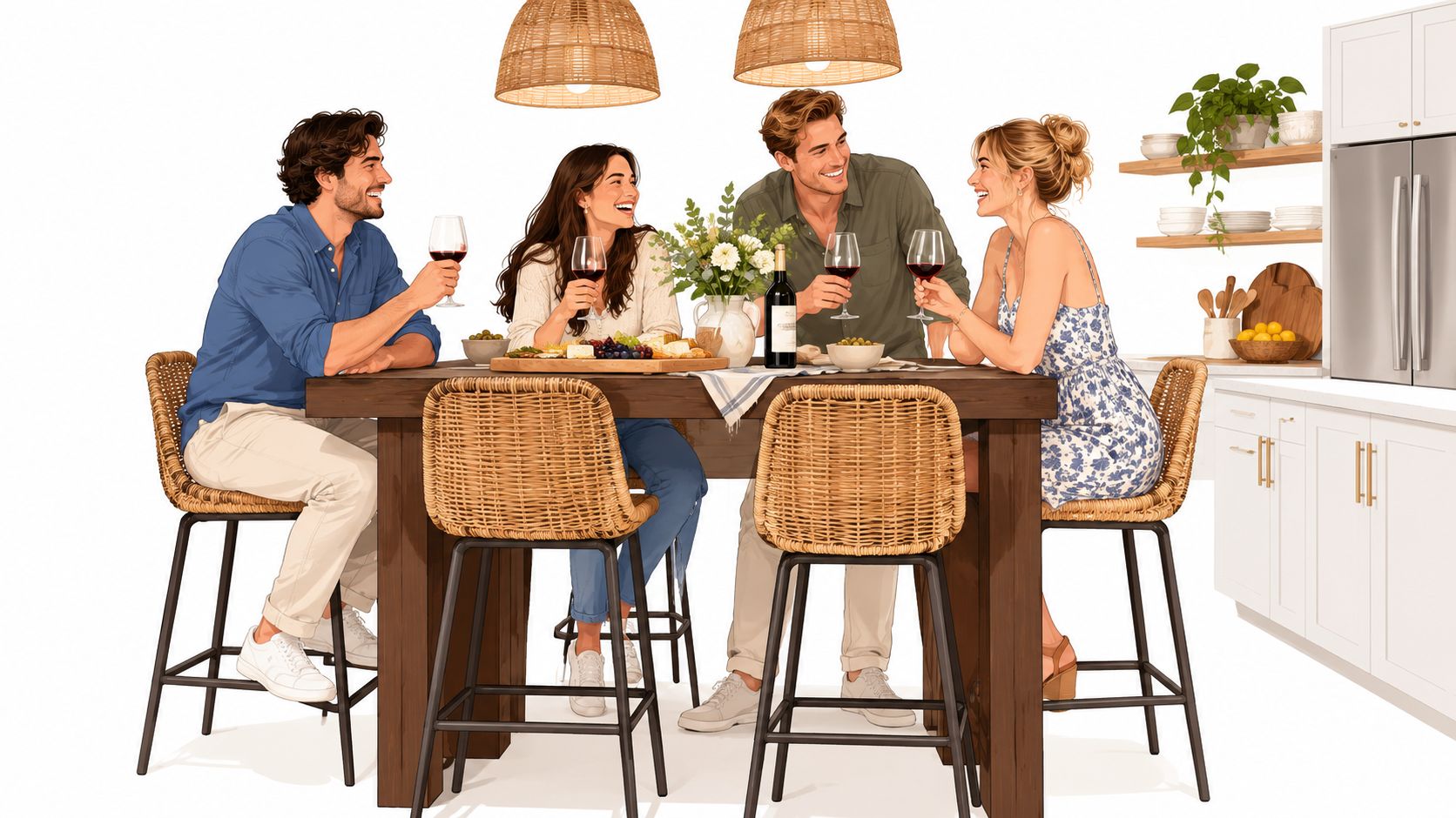 Four friends laughing and enjoying a dinner party while sitting at a wooden bar height dining table.