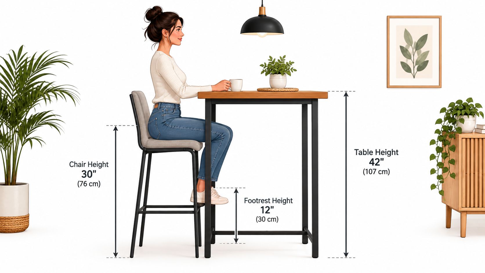 A woman sitting on a bar stool at a high kitchen table with dimensions displayed.