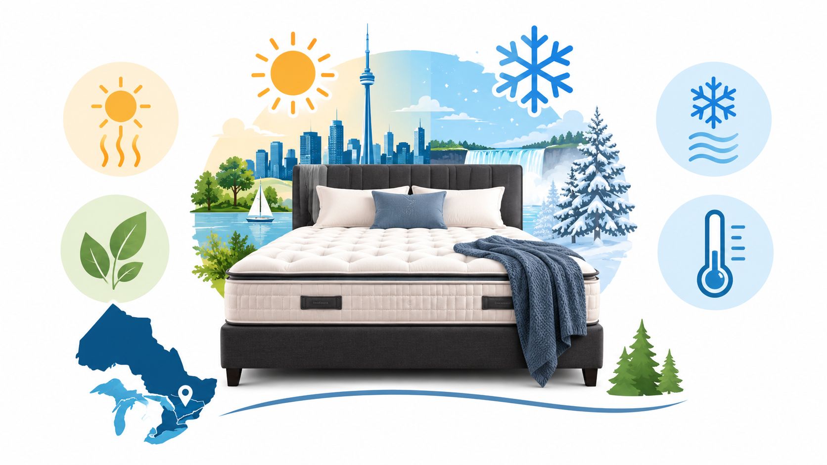 A premium mattress displayed against a split background showing summer cityscapes and winter Canadian landscapes.