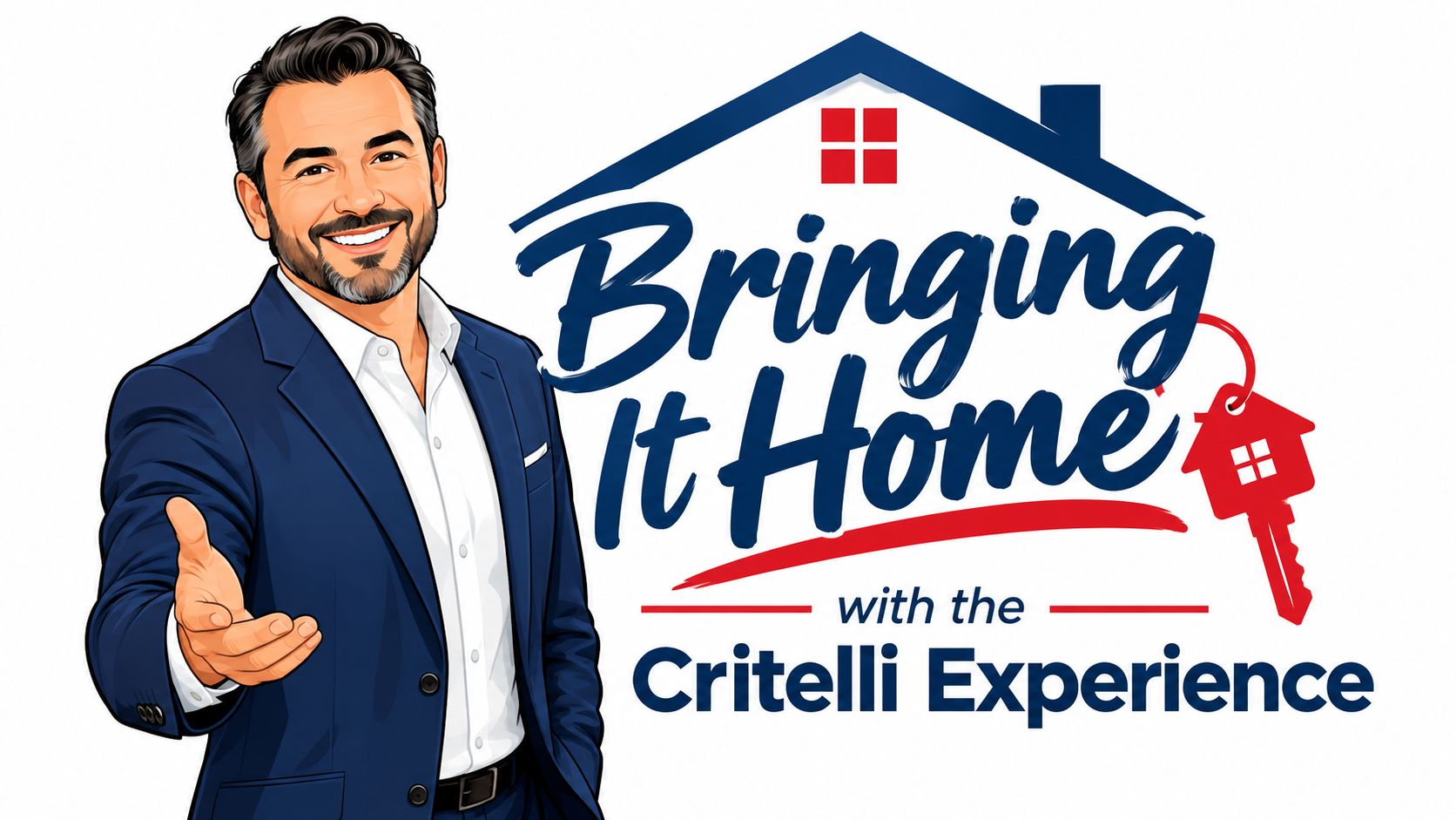A friendly real estate agent gesturing with an open hand next to the Bringing It Home branding.